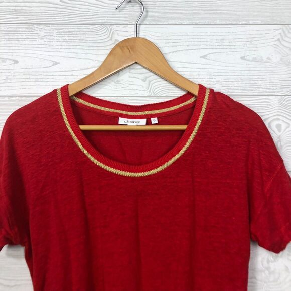 Chico's Women's Sweater Trim Linen Tee in Red Glow Short Sleeve Size 0/Small - Picture 3 of 6
